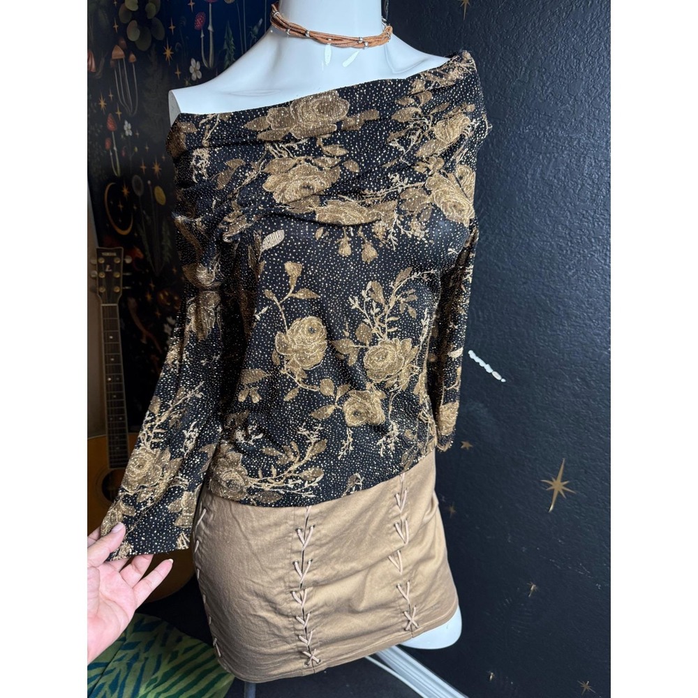 MSK Womens Gold Floral Glitter Off The Shoulder Cowl Neck Top Black Large USA